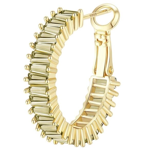 14K Yellow Gold with Green Peridot Cubic Zirconia Drop Hoop Leverback Earrings - Picture 2 of 7